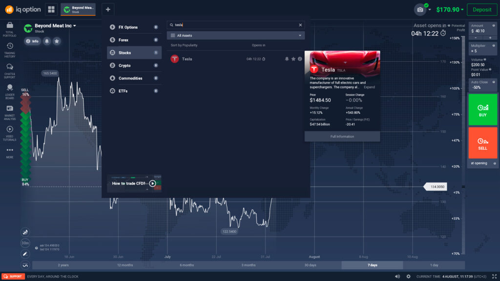 Open Tesla stock page on IQ Option